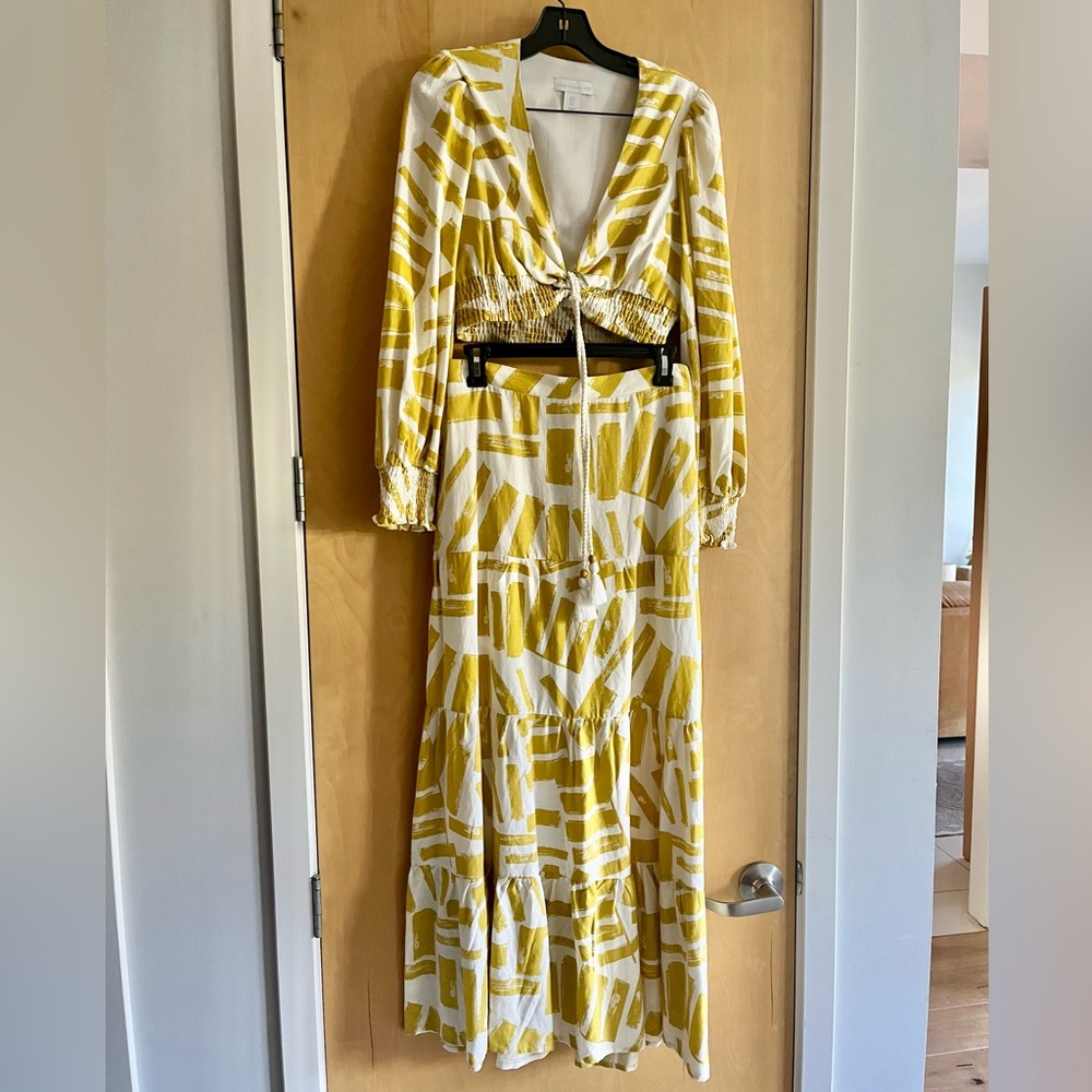 Chartreuse 2 piece Patterned Maxi skirt and crop top, size small